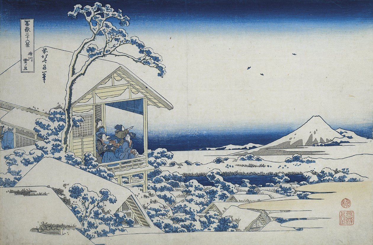 Teehuone Koishikawassa, aamu lumisateen jälkeen, n. 1830 (puupainatus) tekijältä Katsushika Hokusai