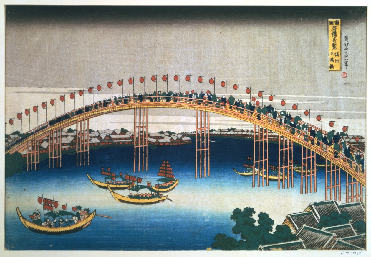 Temman silta, Osaka, Japani, 1830 tekijältä Katsushika Hokusai