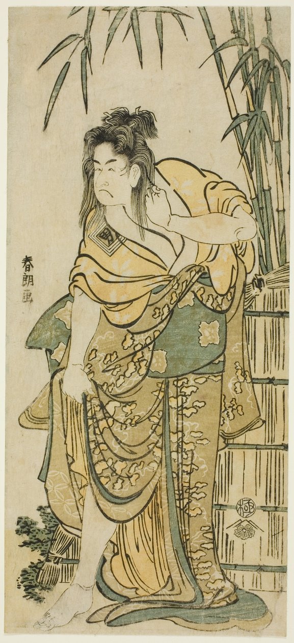 Näyttelijä Ichikawa Komazo naisena, jolla on epäselvät hiukset tekijältä Katsushika Hokusai