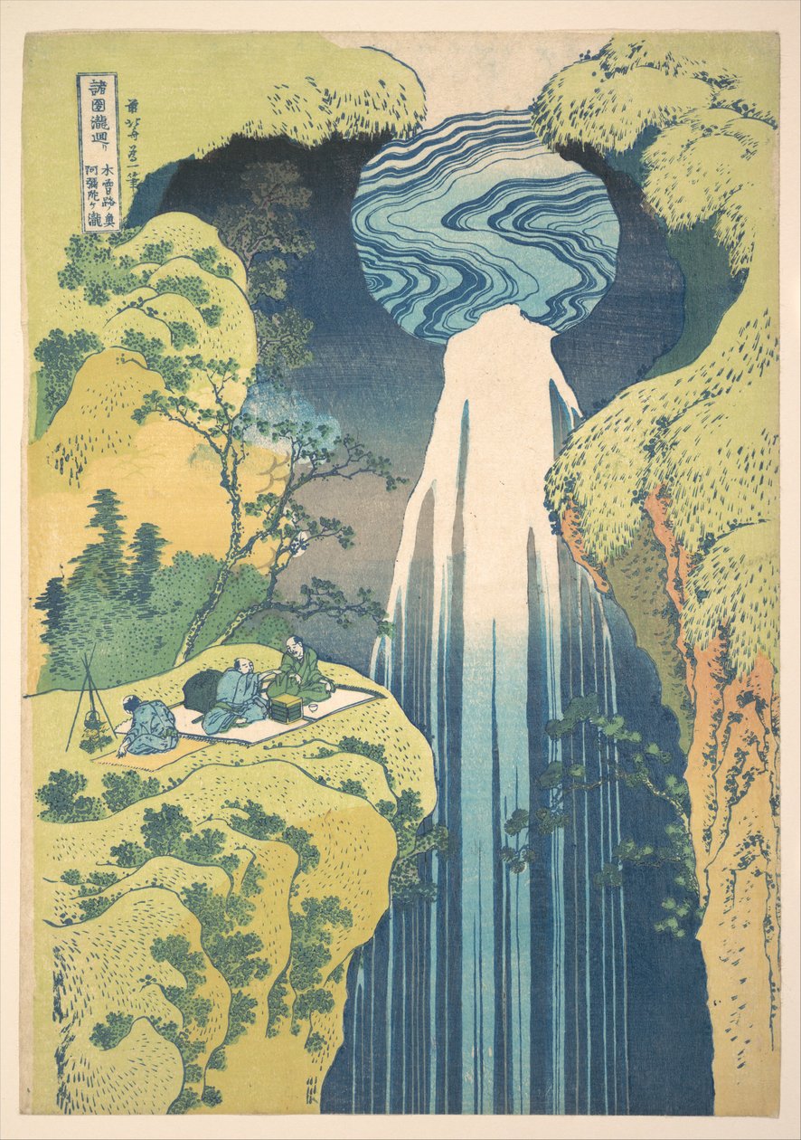 Amida-putoukset Kisokaidō-tien syrjäisillä seuduilla (Kisoji no oku Amida-ga-taki), teoksesta ”Kierros eri maakuntien vesiputouksilla” (Shokoku taki meguri) tekijältä Katsushika Hokusai