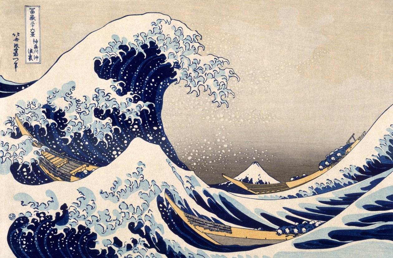Suuri aalto Kanagawan edustalla sarjasta "36 näkymät Fuji-vuorelle", 1831 (käsinvärinen puupalikkaprintti) tekijältä Katsushika Hokusai