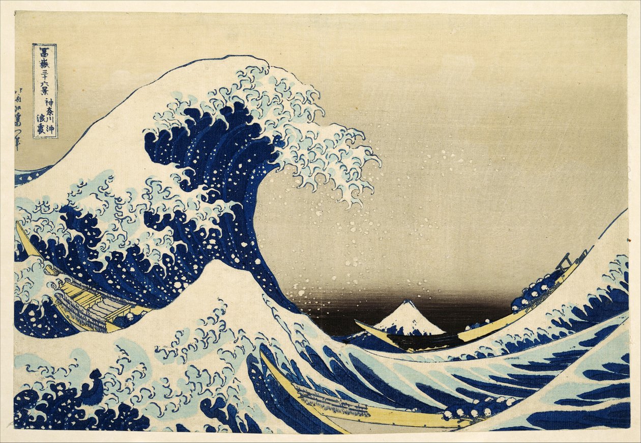 Suuri aalto Kanagawan edustalla sarjasta 36 näkymää Fuji-vuorelta; 1831 (käsin värjätty puupiirros). tekijältä Katsushika Hokusai
