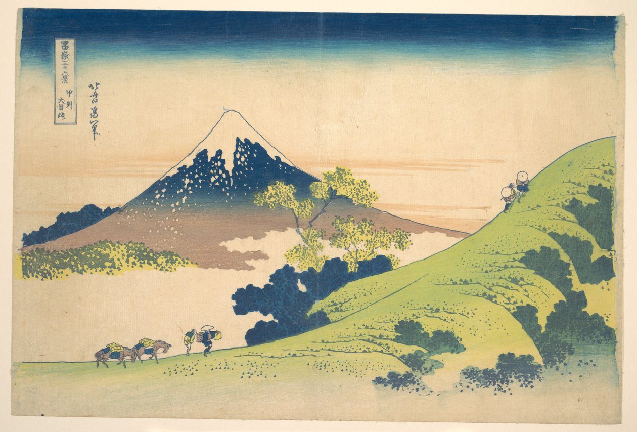 Inumen solan näkymä Kain maakunnassa (Kōshū Inume tōge), sarjasta ”Fuji-vuoren 36 näkymää” (Fugaku sanjūrokkei) tekijältä Katsushika Hokusai