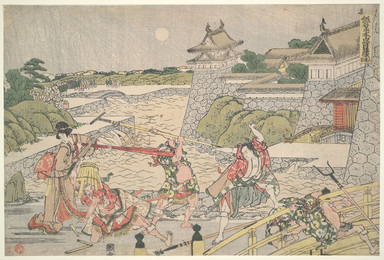 47 roninin uskollinen liitto (Chūshingura),  III näytös: Bannai ja hänen miehensä hyökkäävät Kampein kimppuun tekijältä Katsushika Hokusai