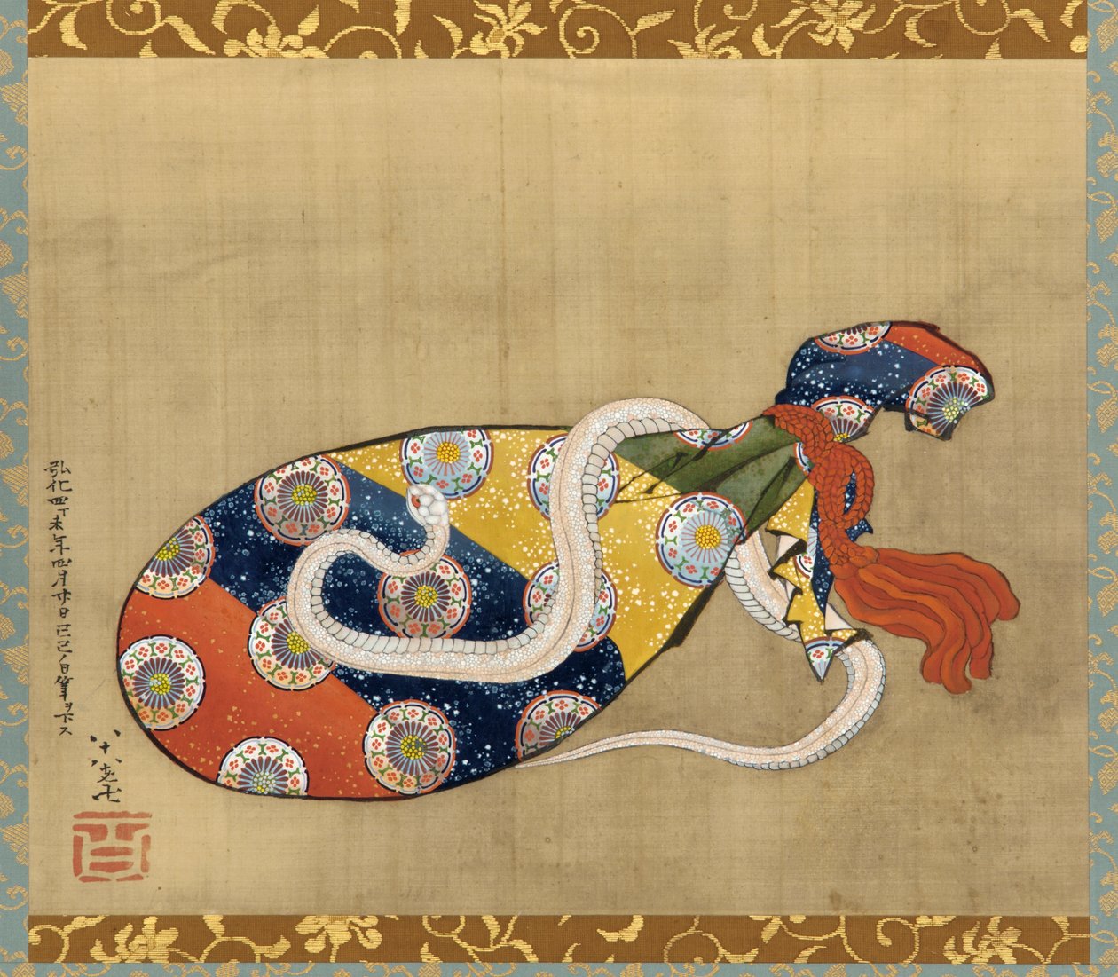 Bentenin luuttu ja valkoinen käärme, Edo-kausi, 1847 (muste ja väri silkillä) tekijältä Katsushika Hokusai