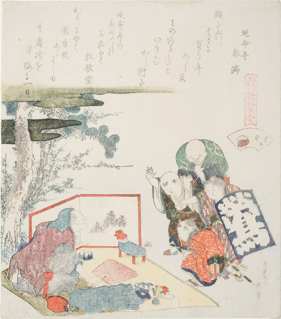 Lelumyyjä, kuvitus elokuvalle The Fresh-Water Clam (Shijimigai), sarjasta "A Matching Game with Genroku-period Poem Shells (Genroku kasen kai awase)" tekijältä Katsushika Hokusai