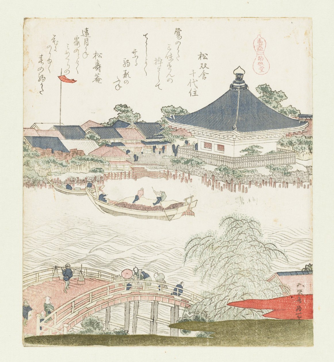 Sumida-joen rannat, Komatomeishi. Triptyykki sarjasta Umazukushi, oikea osa, 1822. tekijältä Katsushika Hokusai