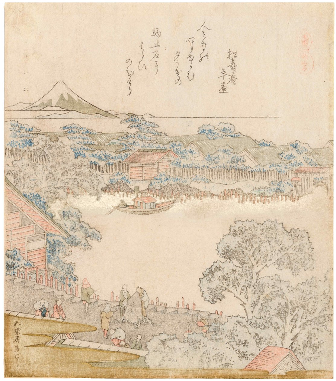 Sumida-joen rannat, Komatomeishi. Triptyykki sarjasta Umazukushi, vasen osa, 1822. tekijältä Katsushika Hokusai