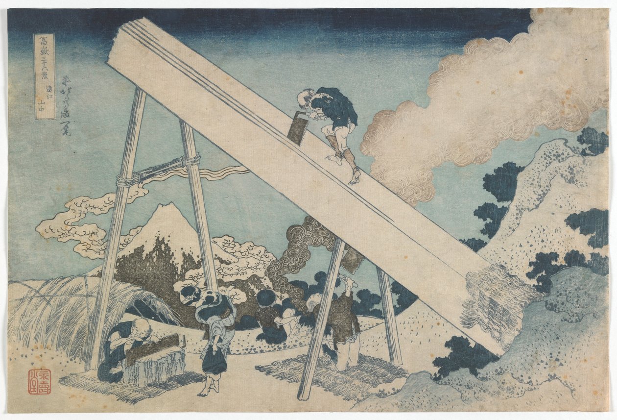 Kolmekymmentäkuusi näkymää Fuji-vuorelle: Totomin provinssin vuoristossa, Edon kausi, n. 1831 (värillinen puupainatus) tekijältä Katsushika Hokusai