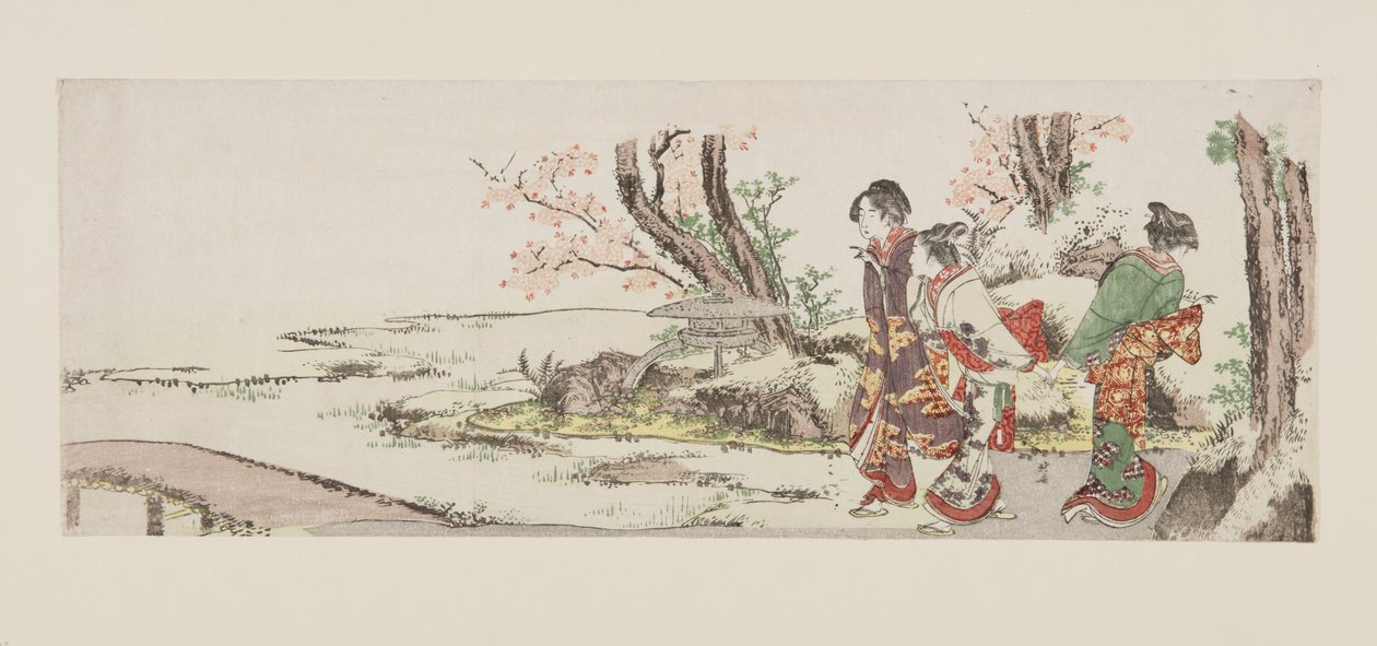 Kolme naista katselemassa kirsikankukkaa (värillinen puupainatus) tekijältä Katsushika Hokusai