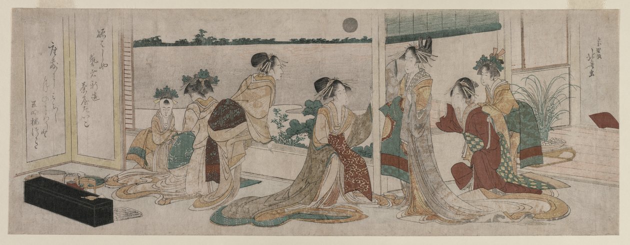 Tsukasa ja muut Ogiyan kurtisaanit katsomassa syksyn kuun nousua riisipeltojen yli Yoshiwaran parvekkeelta tekijältä Katsushika Hokusai