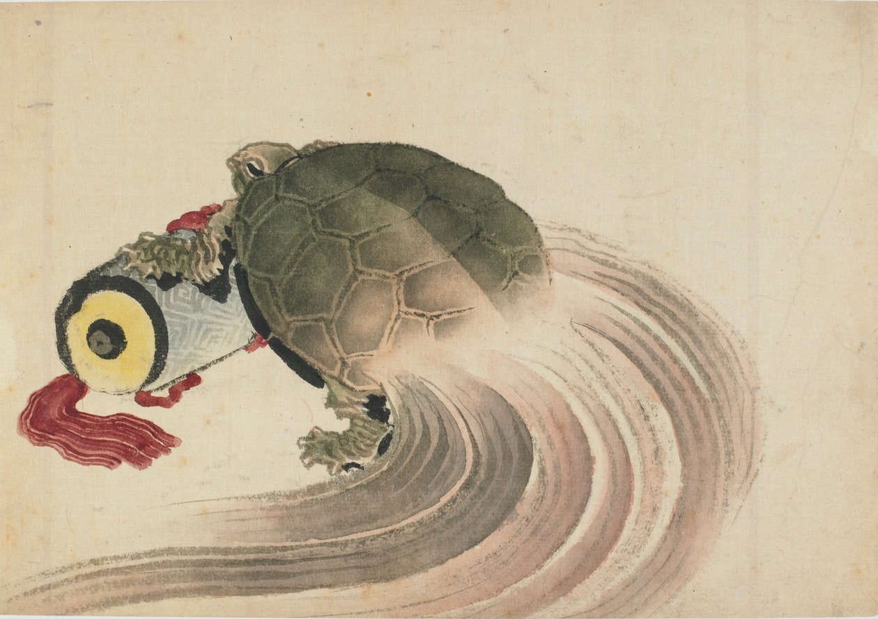 Kilpikonna lepää kirjakääröllä, 1700-luvun loppu - 1800-luvun alku. tekijältä Katsushika Hokusai