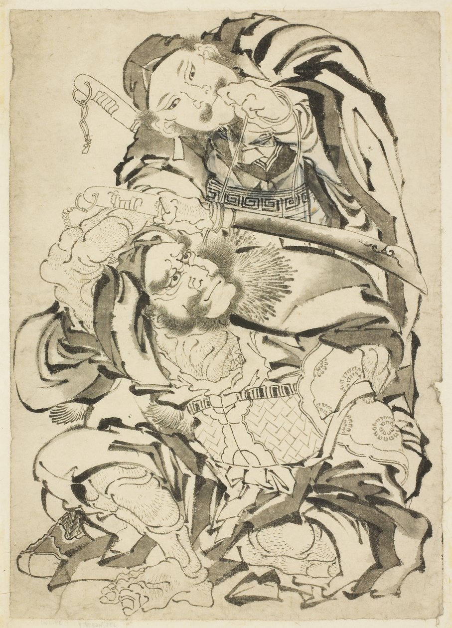 Kaksi kiinalaista sankaria, n. 1815-1849 (muste paperille) tekijältä Katsushika Hokusai