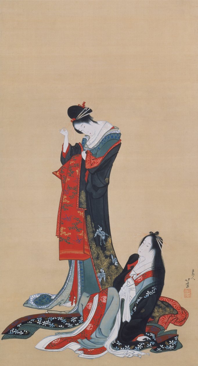 Kaksi kurtisaania, Edo-kausi, n. 1805 (muste ja väri silkillä) tekijältä Katsushika Hokusai
