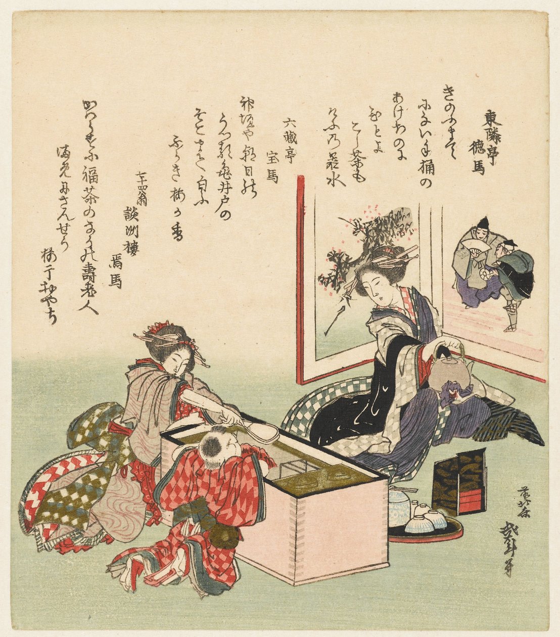 Kaksi naista ja poika, jotka istuvat brazierin vieressä tekijältä Katsushika Hokusai