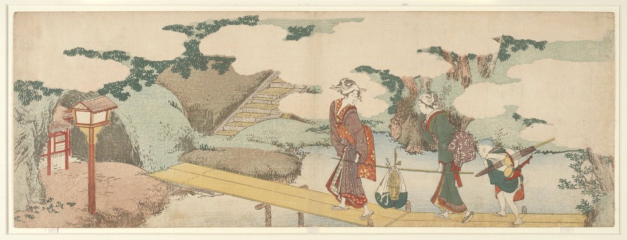 Kaksi naista ja poika rantakadulla tekijältä Katsushika Hokusai