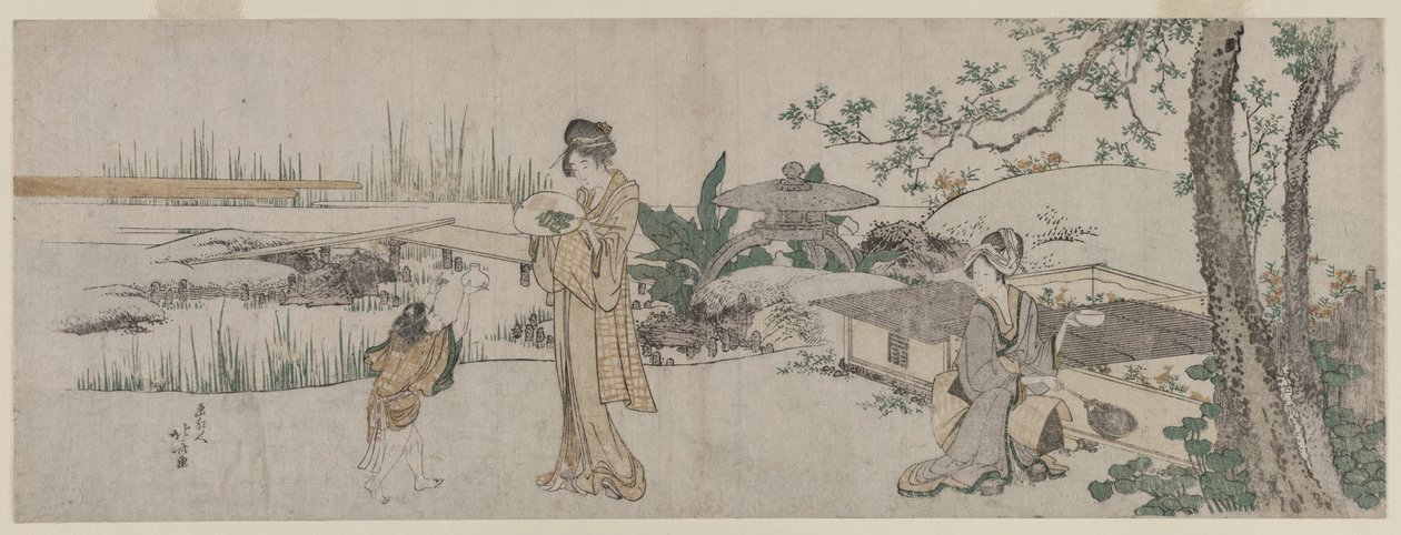 Kaksi naista ja lapsi kultakala-altaan vieressä, n. 1800. tekijältä Katsushika Hokusai