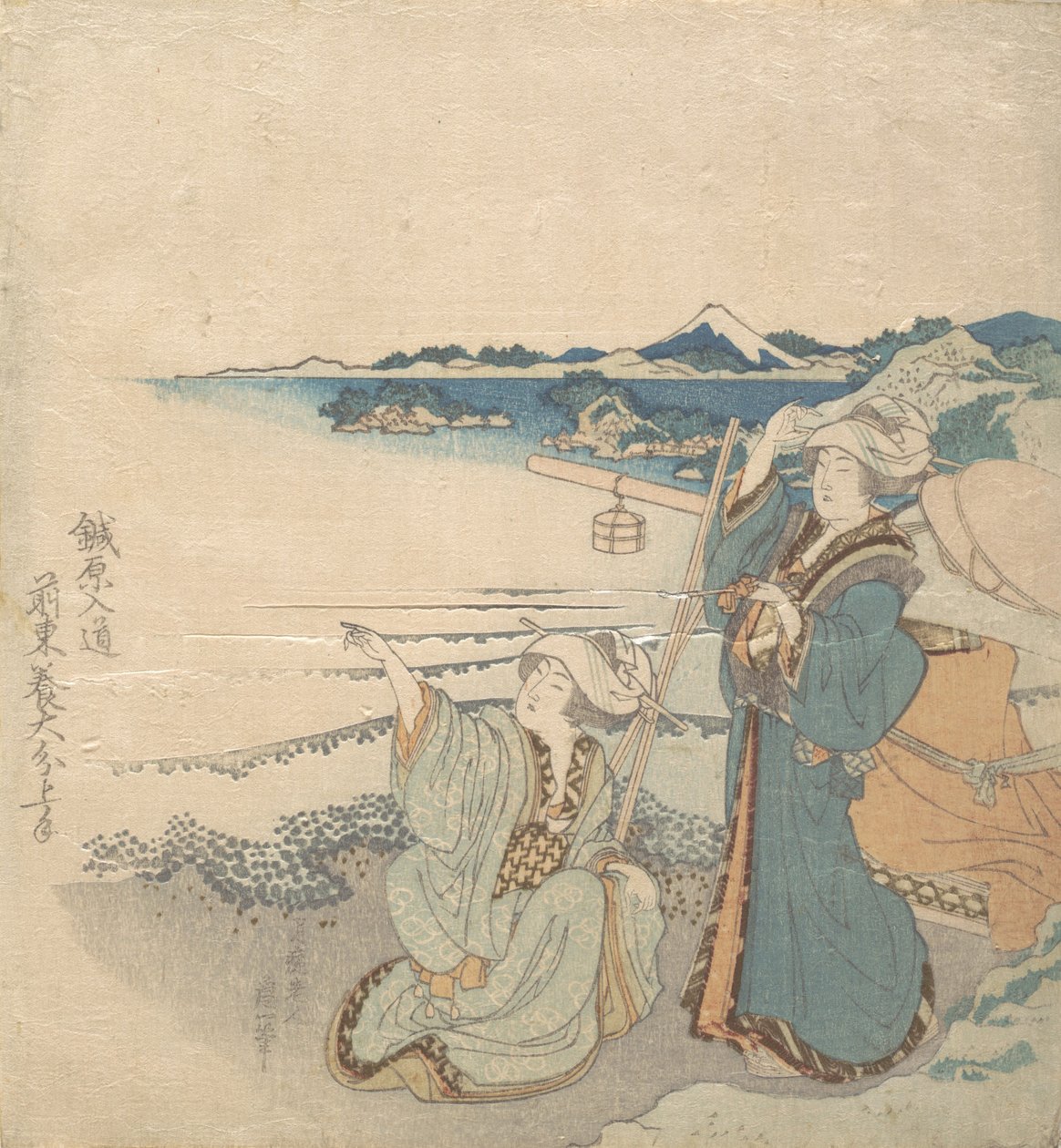 Kaksi nuorta naista rannalla, yksi osoittaa. tekijältä Katsushika Hokusai