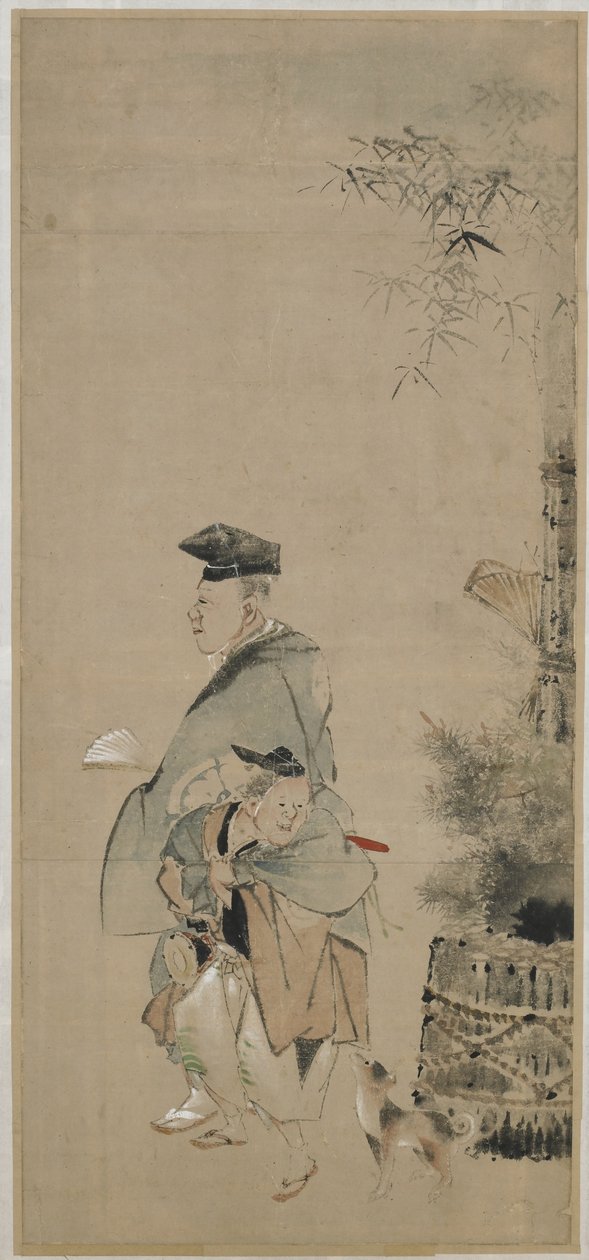 Kaksi viihdyttäjää kävelemässä uutta vuotta, Edo-kausi, n. 1830-32 (muste ja väri paperille) tekijältä Katsushika Hokusai