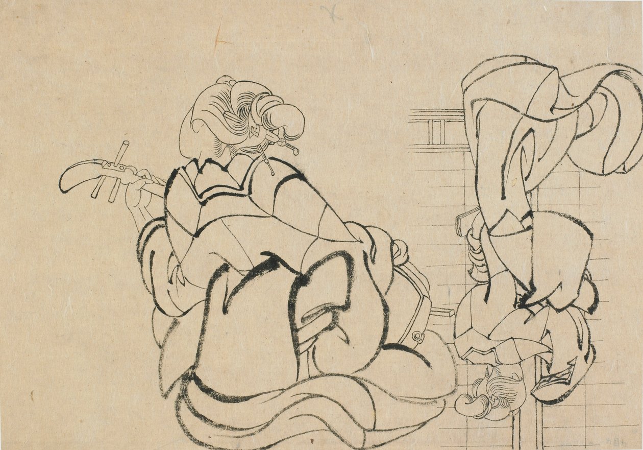 Kaksi sketsiä: nainen soittamassa samisenia ja nainen selkä katsojaan..., 1700-luvun loppu - 1800-luvun alku. tekijältä Katsushika Hokusai