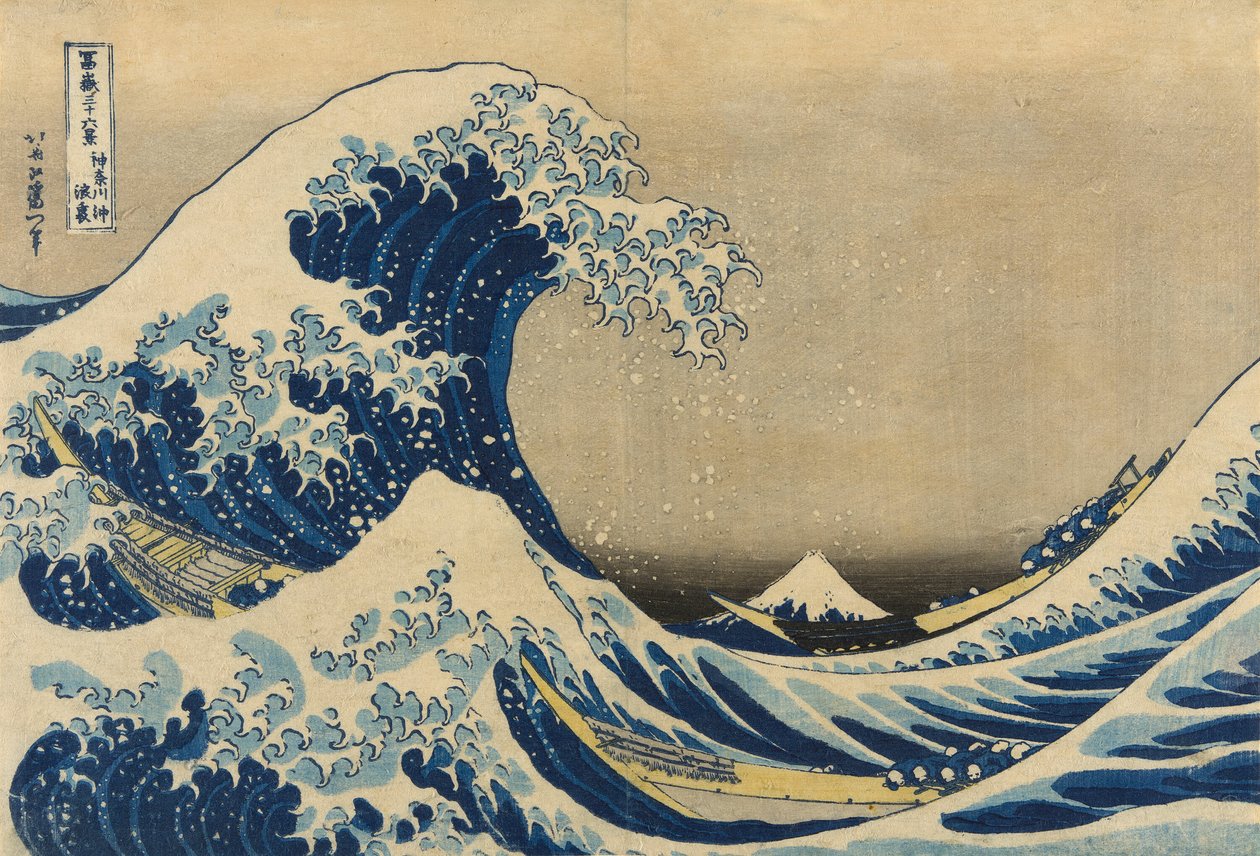 Under the Wave off Kanagawa (Kanagawa oki nami ura), joka tunnetaan myös nimellä Suuri aalto, sarjasta "Kolmekymmentäkuusi näkymää Fuji-vuorelle (Fugaku sanjurokkei)" tekijältä Katsushika Hokusai