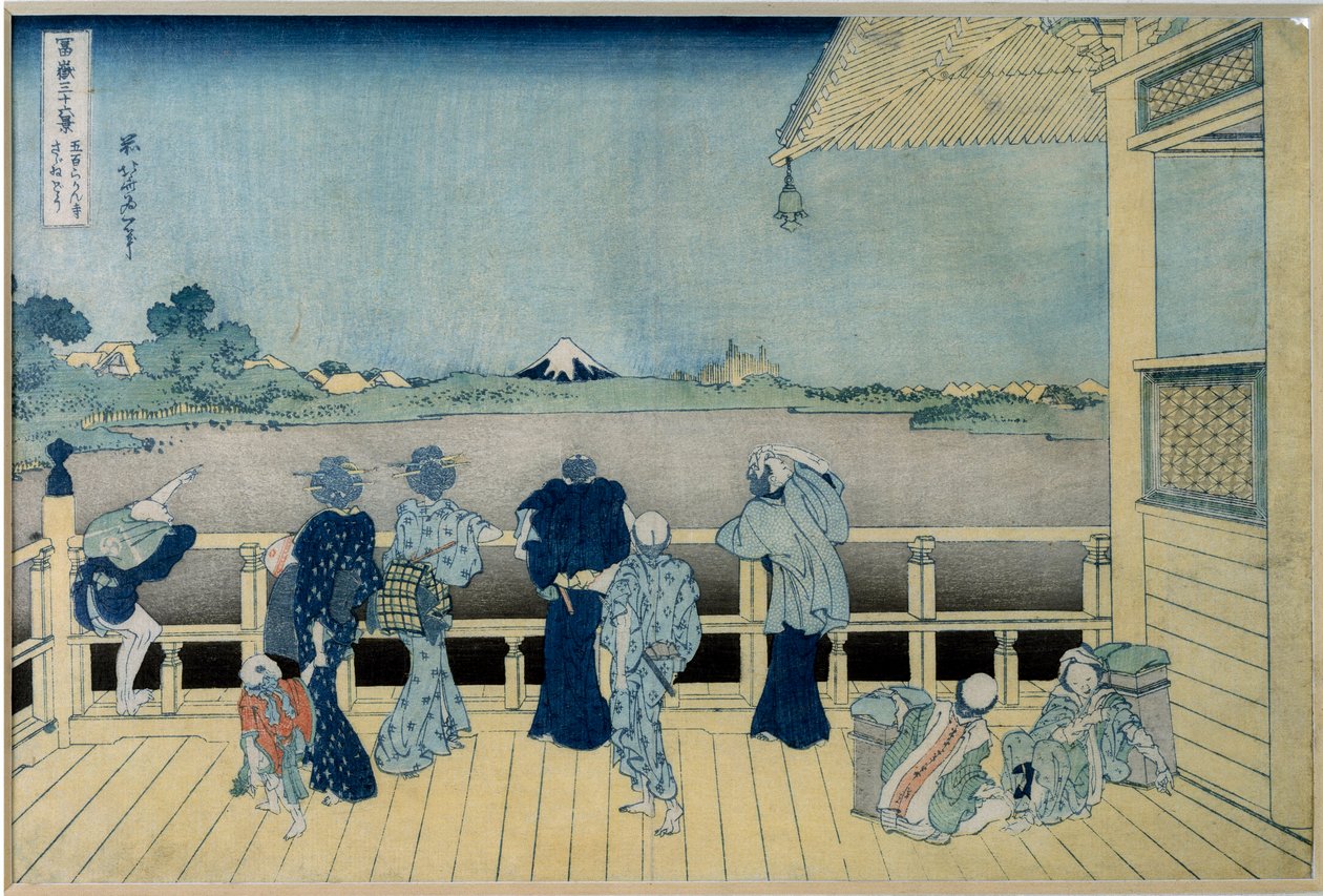 Näkymä Fuji-vuorelle Japanissa ihailemassa Fuji-vuorta paalujen varassa olevasta talosta. Sarja "" Fuji-vuoren 36 näkymää"" Katsushika Hokusain (1760-1849) japanilainen vedos 1829-1833 su. 36,9x24,8 cm Yksityinen kokoelma tekijältä Katsushika Hokusai