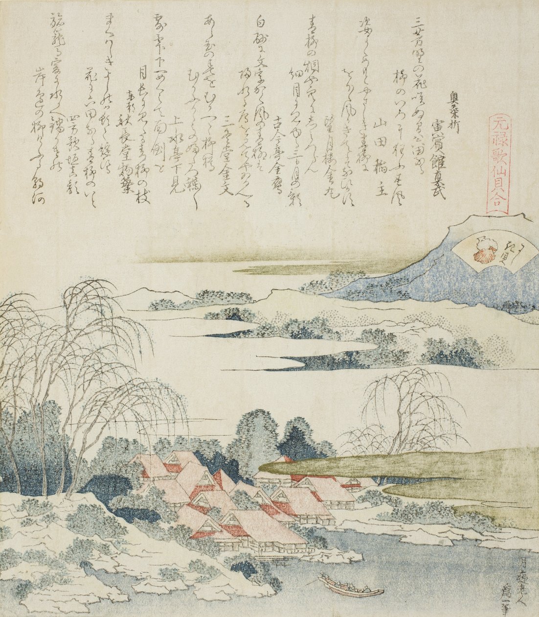 Kylä Yoshino-joen varrella, kuvitus Brocade Shellille tekijältä Katsushika Hokusai