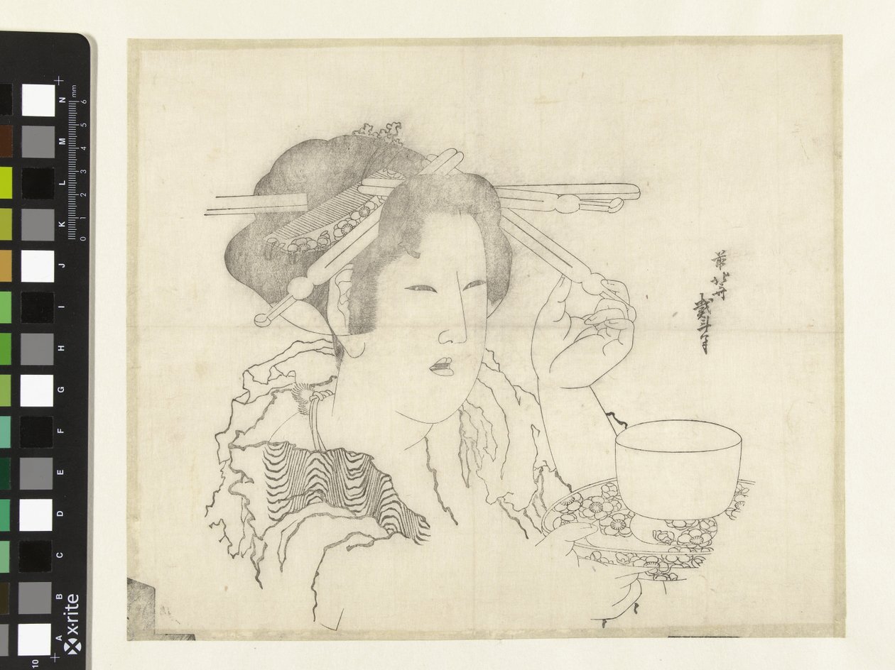 Nainen teekupin kanssa tekijältä Katsushika Hokusai
