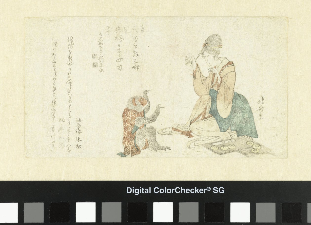 Nainen leikkii apinan kanssa tekijältä Katsushika Hokusai