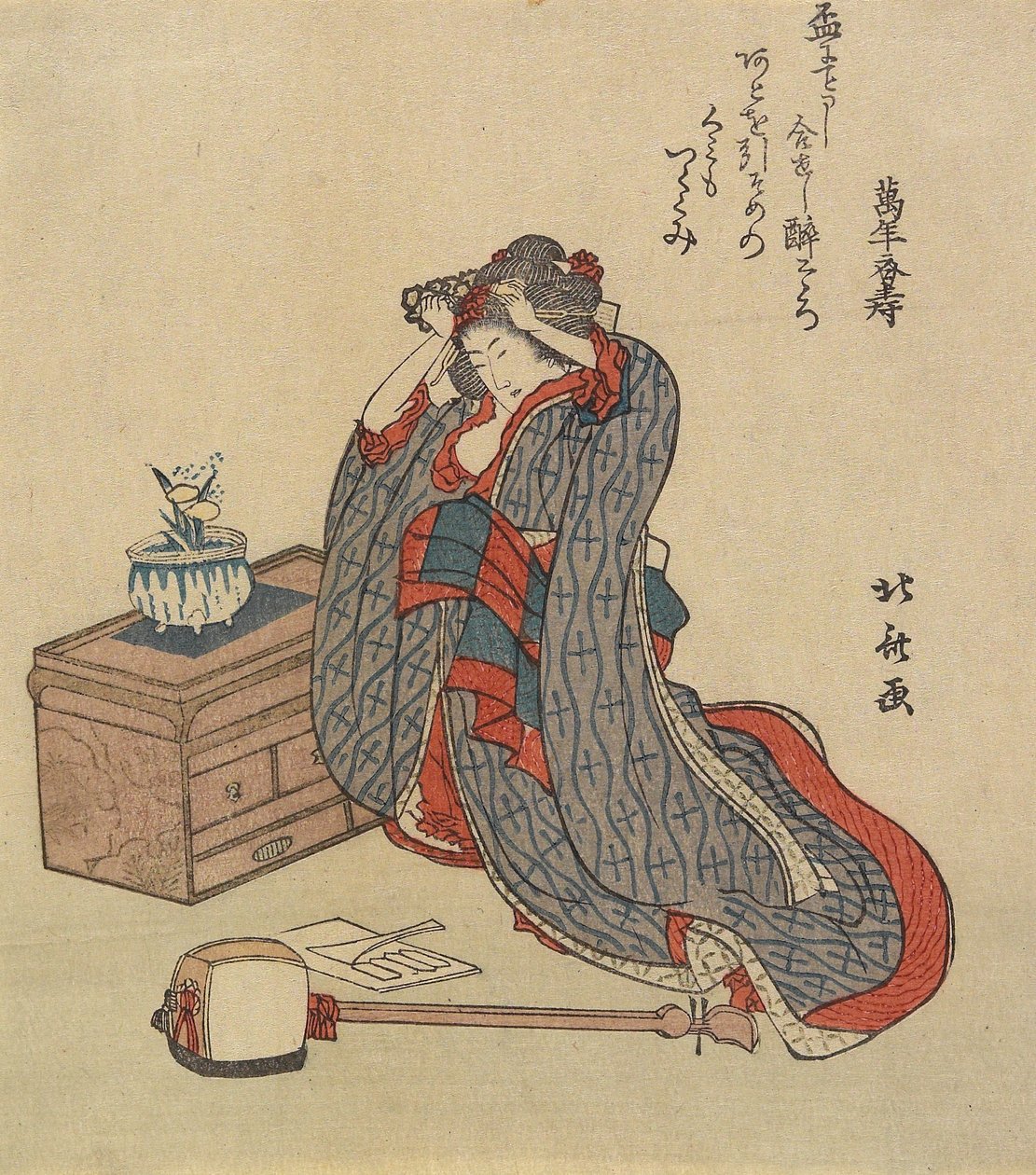 Nainen korjaa hiuksiaan, 1797-1819 tekijältä Katsushika Hokusai