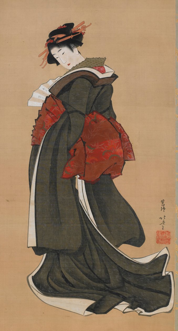 Nainen pitelee tuuletinta, Edo-kausi, n. 1810-1811. tekijältä Katsushika Hokusai
