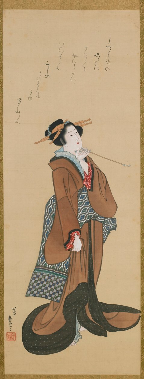 Nainen pitelee piippua, n. 1814-1815. tekijältä Katsushika Hokusai