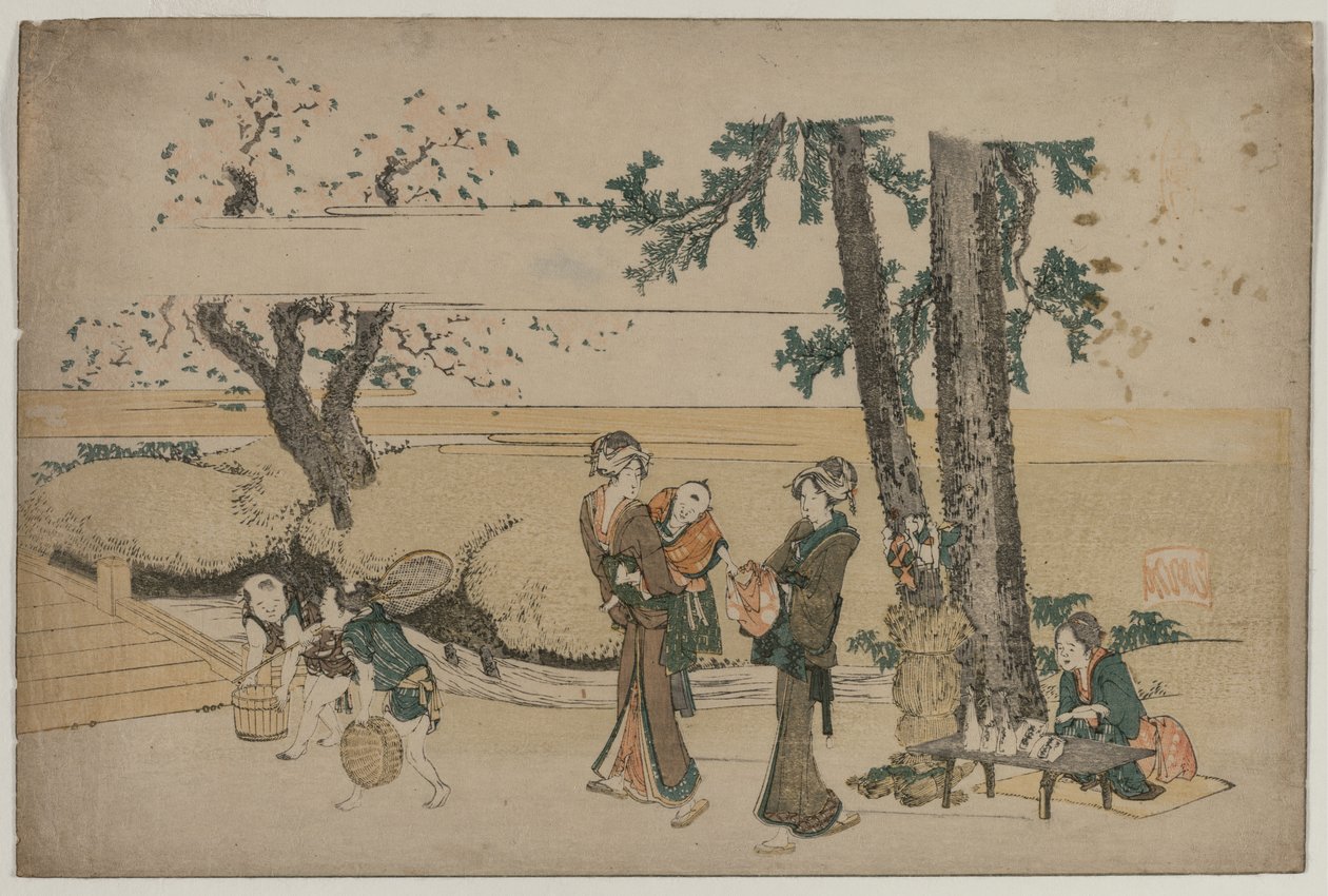 Nainen ohittaa tienvarsimyymälän lähellä Ojia tekijältä Katsushika Hokusai