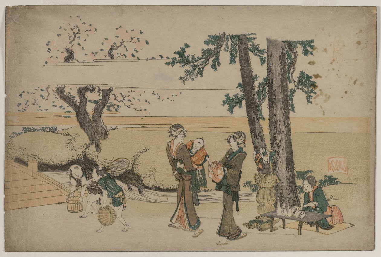 Nainen ohittaa tienvarsiliikkeen lähellä Ojia, 1800-luvun alussa. tekijältä Katsushika Hokusai