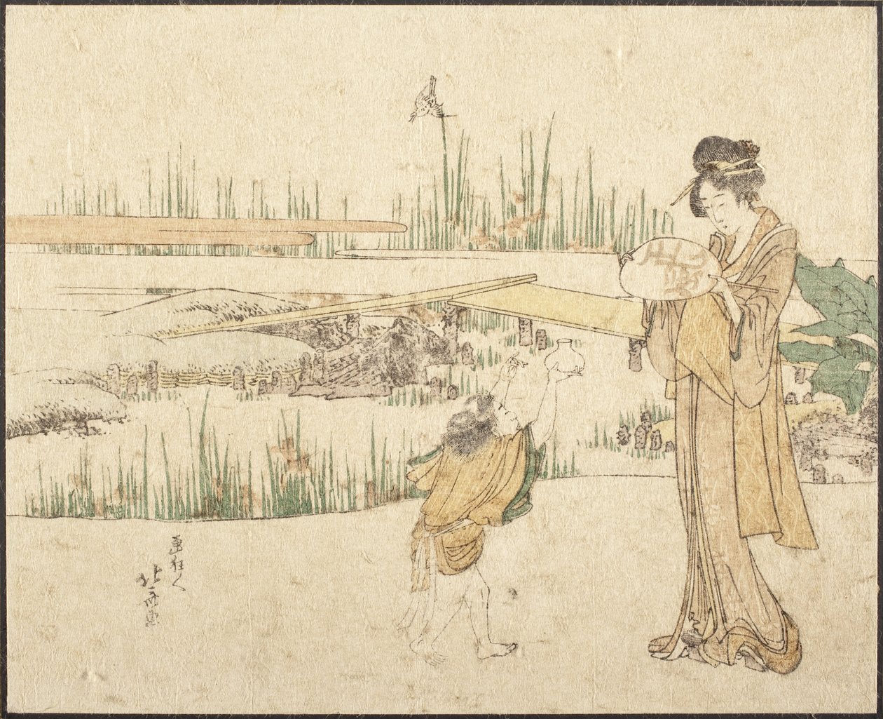 Nainen ja lapsi puutarhassa; katkelma teoksesta ”Kultakalanmyyjä” tekijältä Katsushika Hokusai