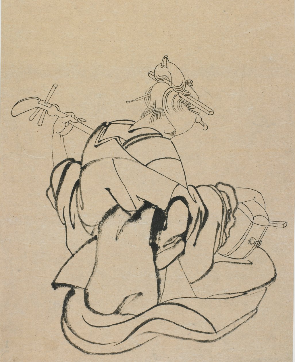 Nainen selkä tarkkailijaa vasten soittamassa samisenia, 1700-luvun loppu - 1800-luvun alku. tekijältä Katsushika Hokusai