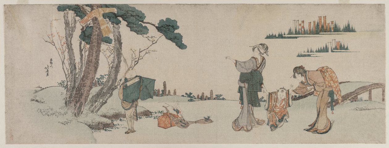 Naiset häiritsevät lasta, jonka leija on jäänyt kiinni puuhun tekijältä Katsushika Hokusai