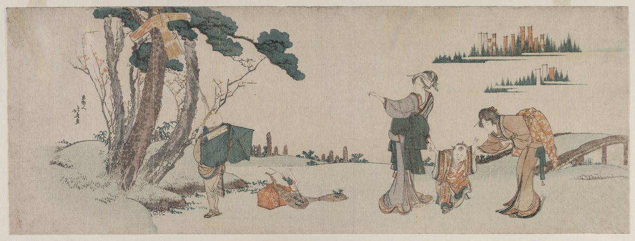 Naiset häiritsevät lasta, jonka leija on jäänyt kiinni puuhun, c. 1800. tekijältä Katsushika Hokusai