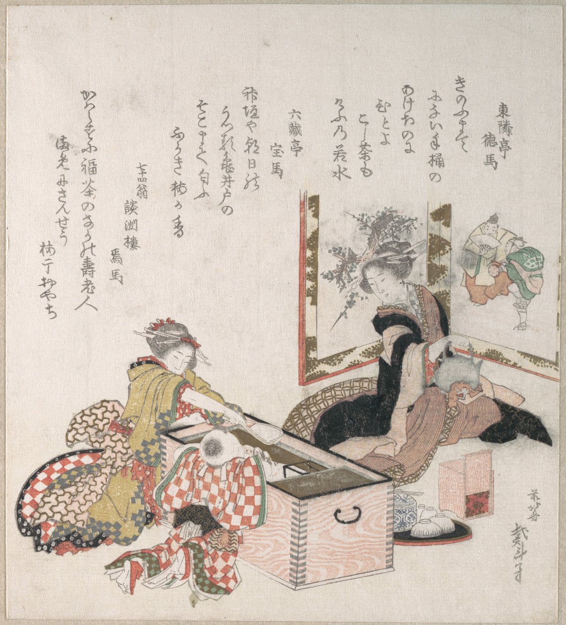 Naiset valmistavat teetä tulipesän ympärillä tekijältä Katsushika Hokusai
