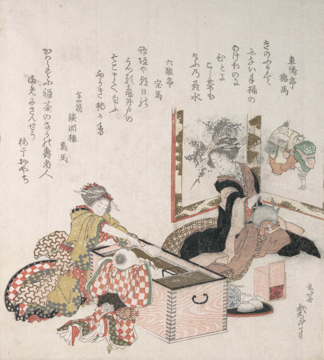 Naiset valmistamassa teetä tulenpitimen ympärillä, 1816. tekijältä Katsushika Hokusai