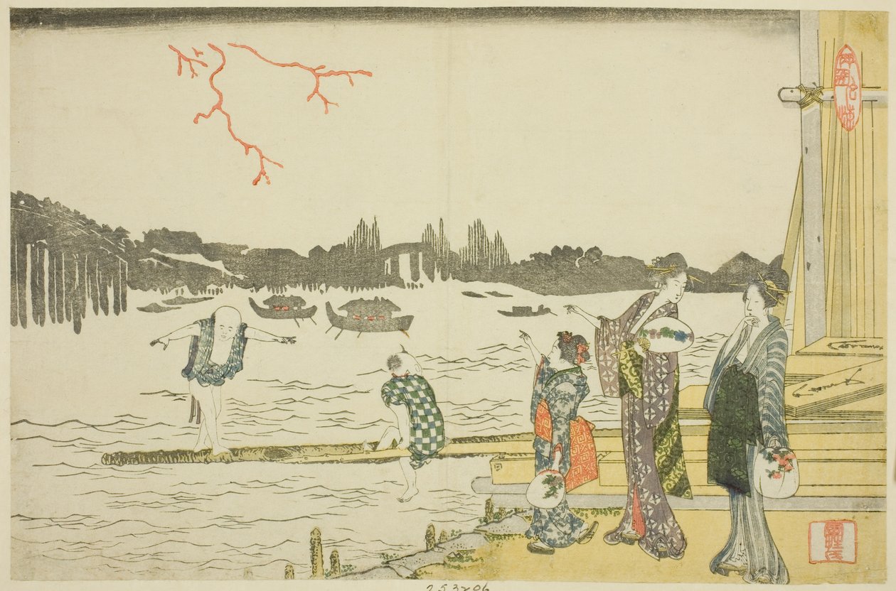 Naiset ja lapset katsomassa ilotulitteita tekijältä Katsushika Hokusai