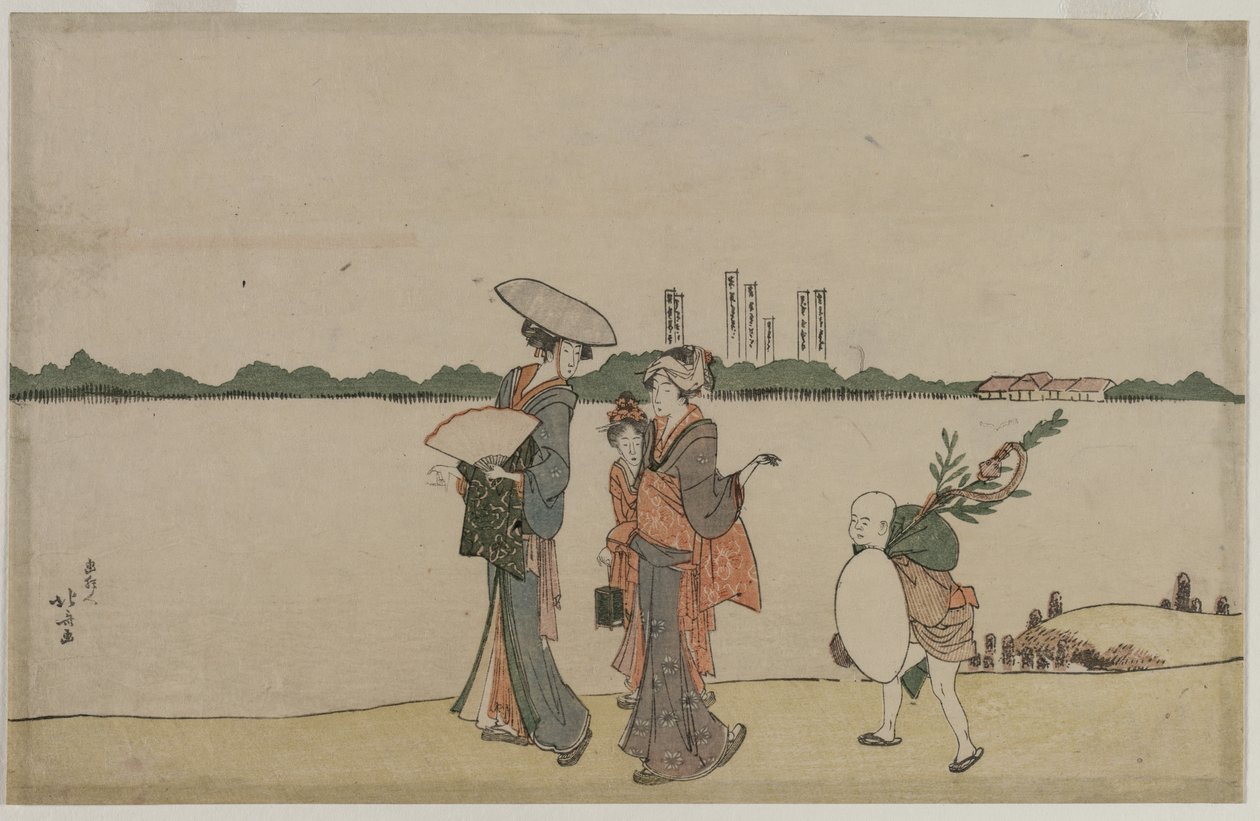 Naiset ja lapset kävelemässä Sumida-joen varrella tekijältä Katsushika Hokusai