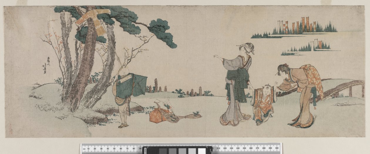 Naiset häiritsevät lasta, jonka leija on jäänyt kiinni puuhun, Edo-kausi, n. 1800 tekijältä Katsushika Hokusai
