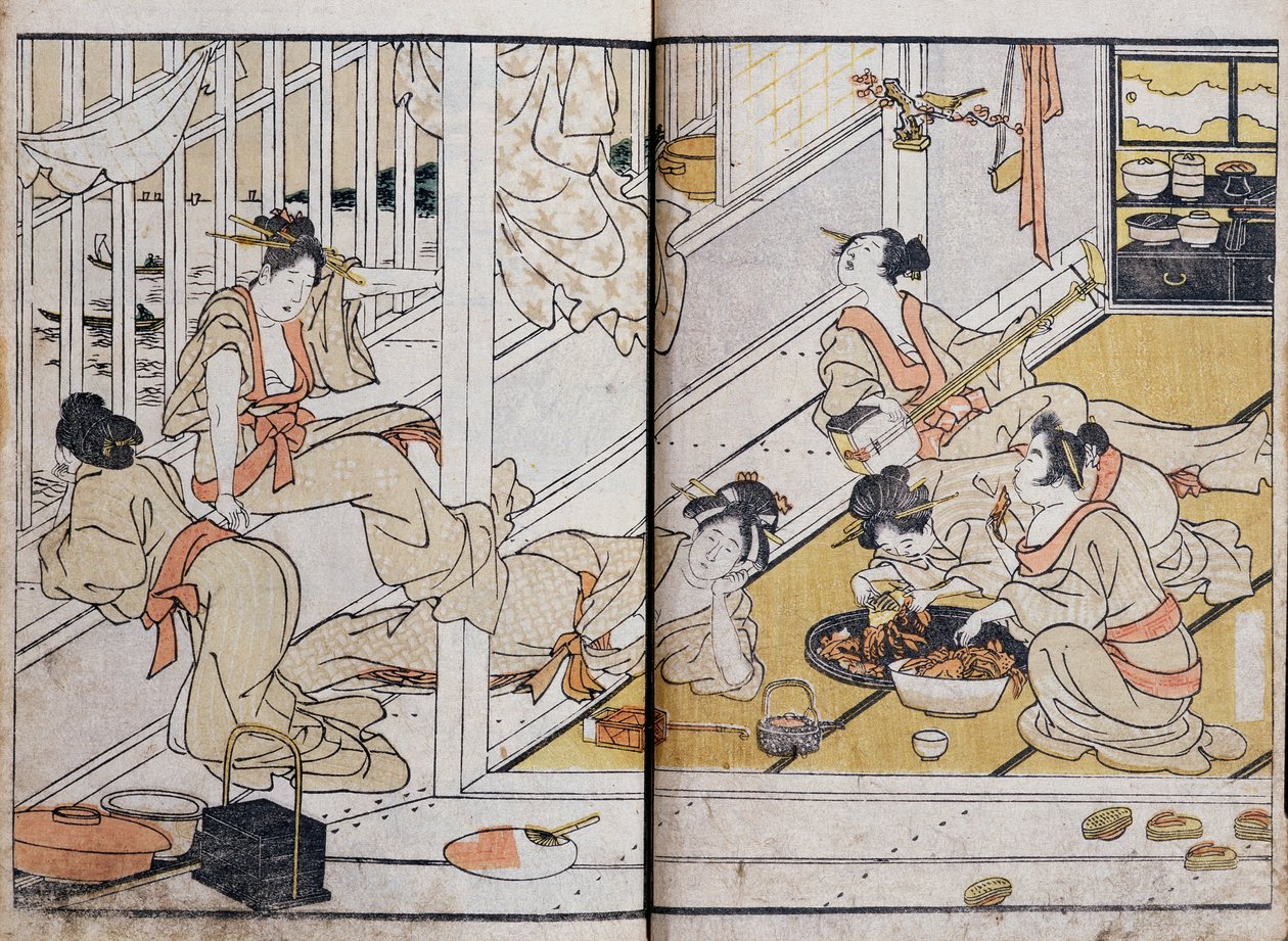 Naiset syömässä, mangasta (värillinen puupainatus) tekijältä Katsushika Hokusai