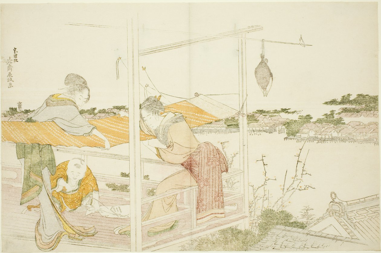 Naiset verannalla kuivuva venyttelyliina tekijältä Katsushika Hokusai