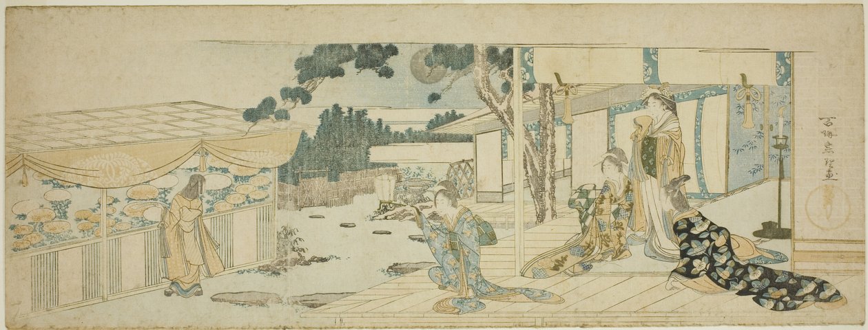 Naiset verannalla katsomassa tyttöä poimimassa kukkia tekijältä Katsushika Hokusai