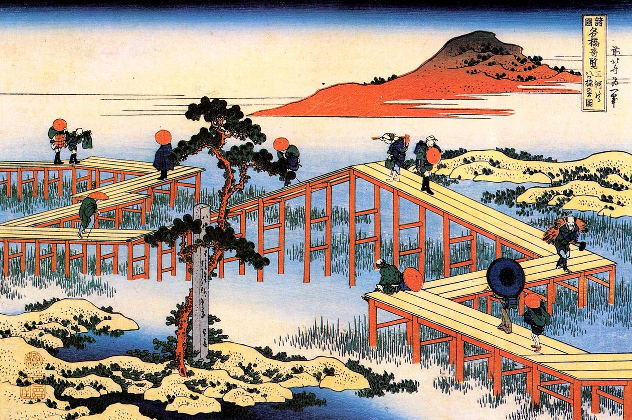 Yatsuhashi Mikawan maakunnassa, 1835. tekijältä Katsushika Hokusai