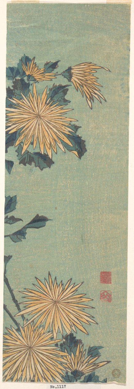 Keltaisia krysanteemeja sinisellä taustalla tekijältä Katsushika Hokusai