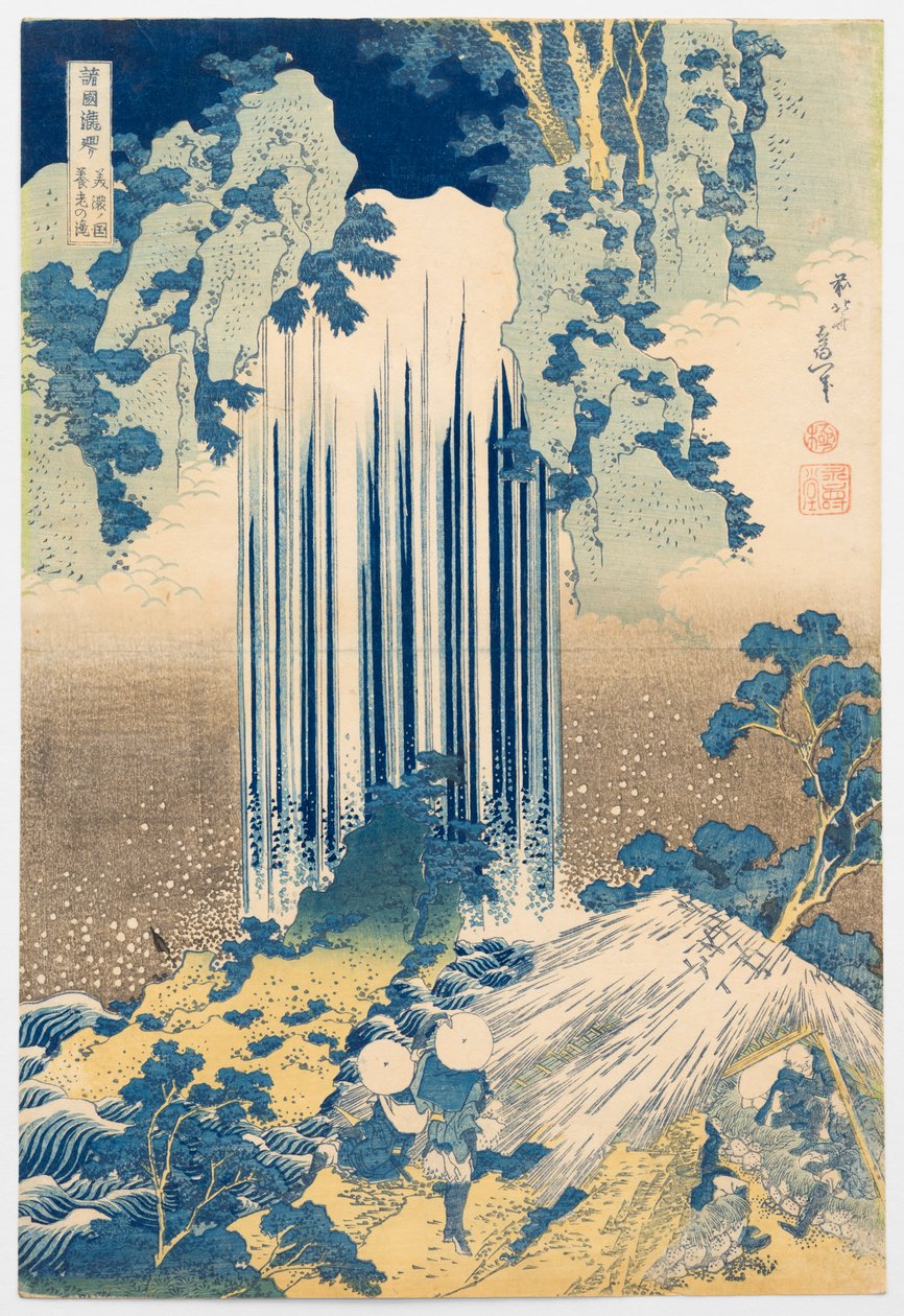 Yōrō-vesiputous Minon maakunnassa, sarjasta ”Kierros eri maakuntien vesiputouksilla” tekijältä Katsushika Hokusai