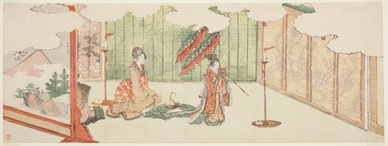Nuori tyttö tanssii aatelismiehen kartanossa tekijältä Katsushika Hokusai